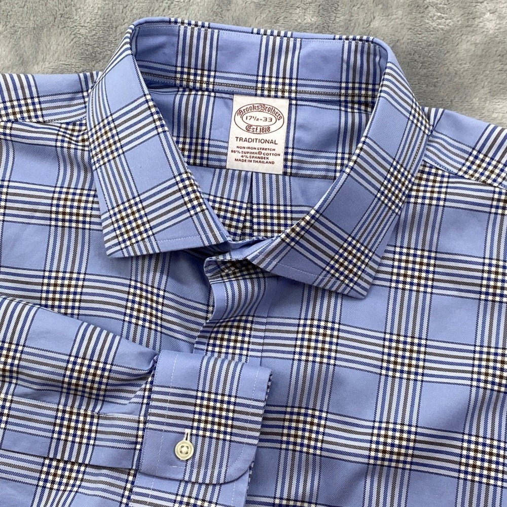 Brooks Brothers Mens Traditional Blue Plaid Supima Cotton Blend Shirt 17.5/33